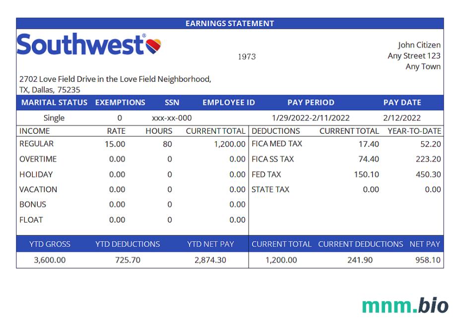 USA Southwest Airlines airlines company pay stub